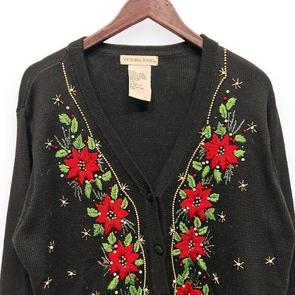 Vintage Victoria Jones Pointsettia Cardigan Sweater Size Large - Picture 3 of 5